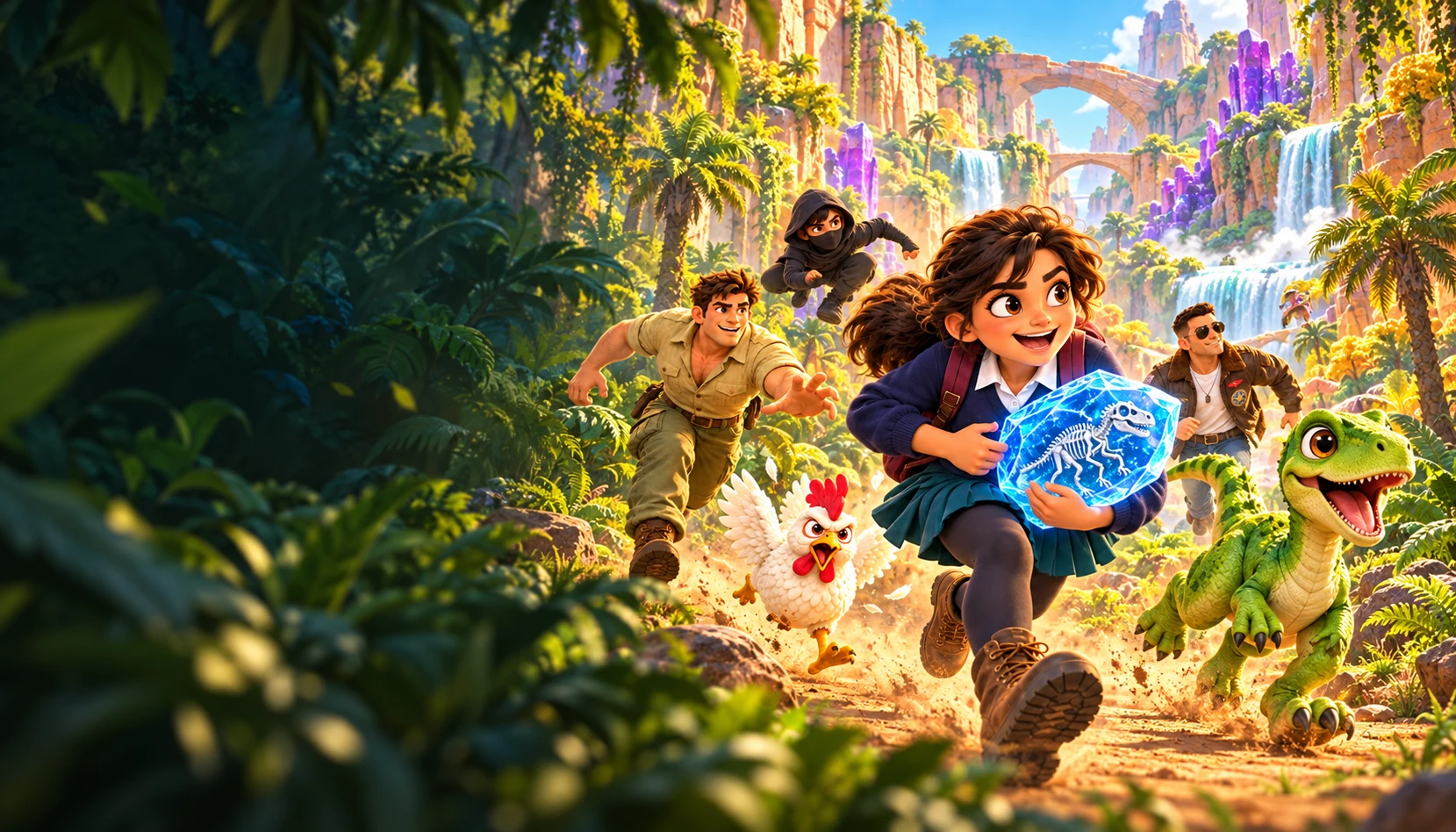 Maya and her friends race through a lush dinosaur valley with a frozen fossil and an angry chicken in pursuit.