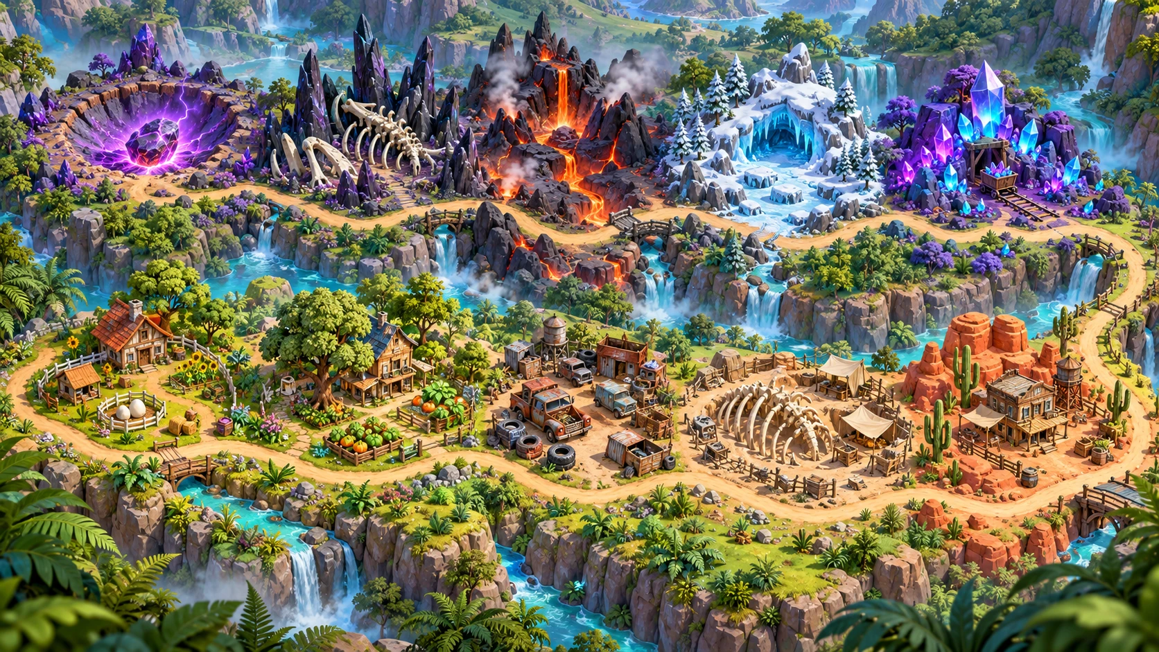 An illustrated expedition map: farms and desert outposts below, glowing crystals, snow, lava, and a meteor crater above.
